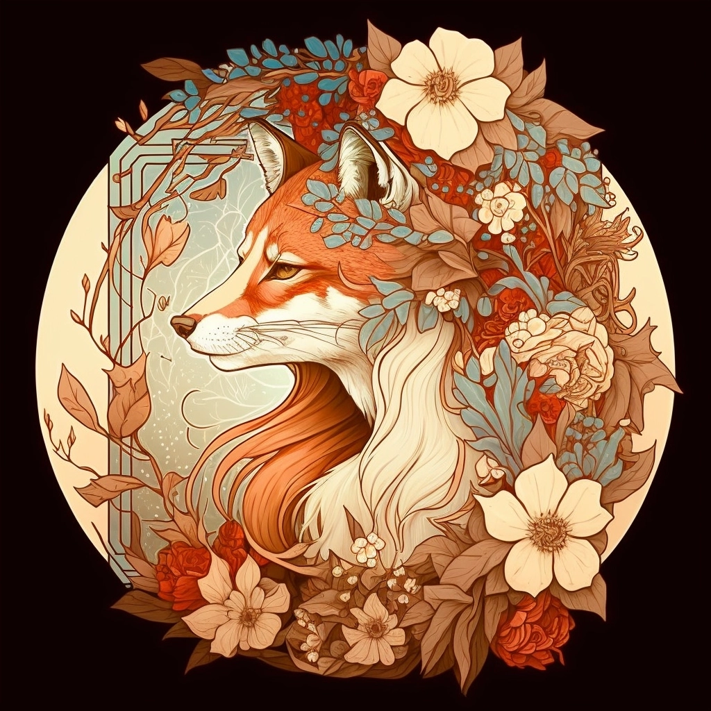 Fox & Floral Art: Alphonse Mucha Style