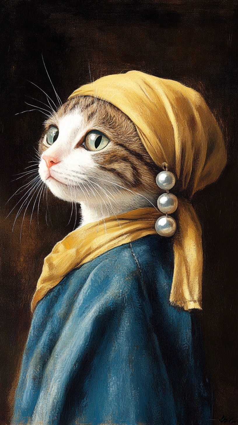 Noble Cat with Pearl Earring: Timeless Art Style