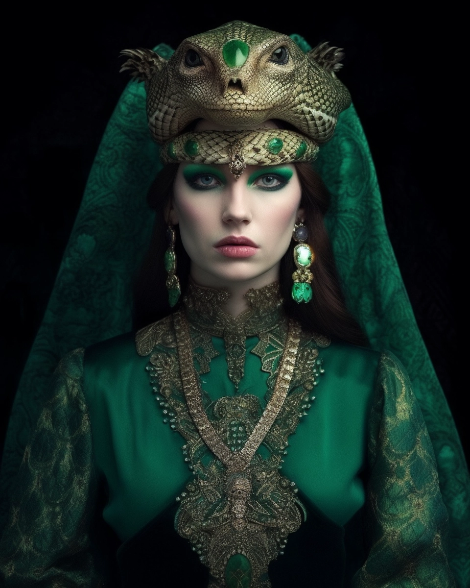 Royal Slavic Woman in Emerald Gems & Lizard Skin