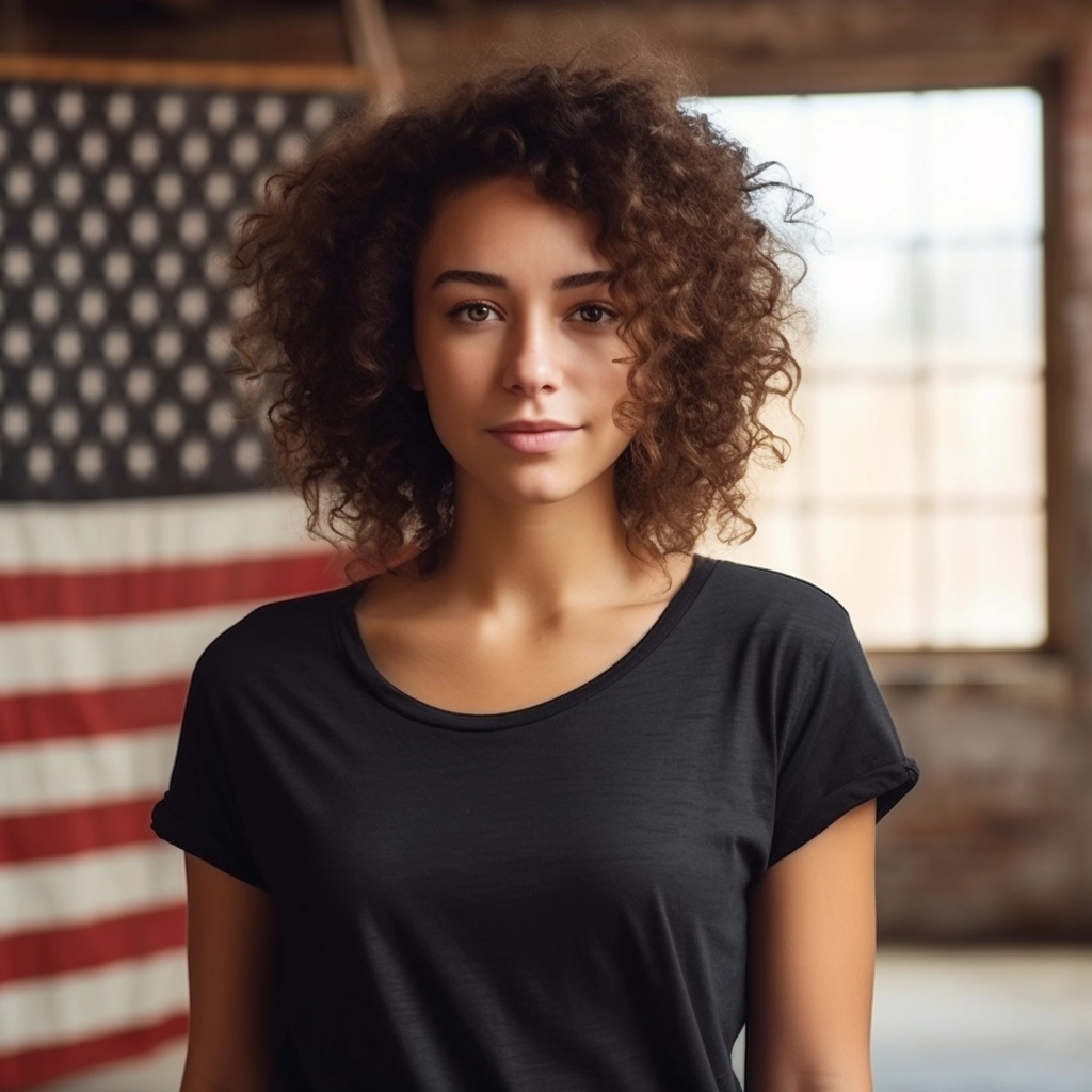 Boho Style Woman in Black T-Shirt with American Flag Background