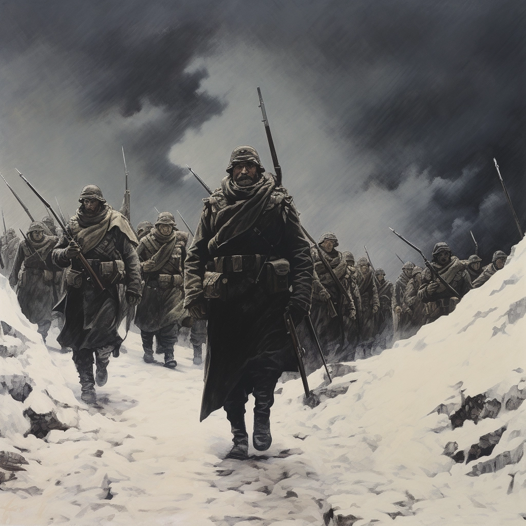 Realistic 1970's Dark Fantasy Book Cover: German Battalions Marching in 1941 Snow Plains