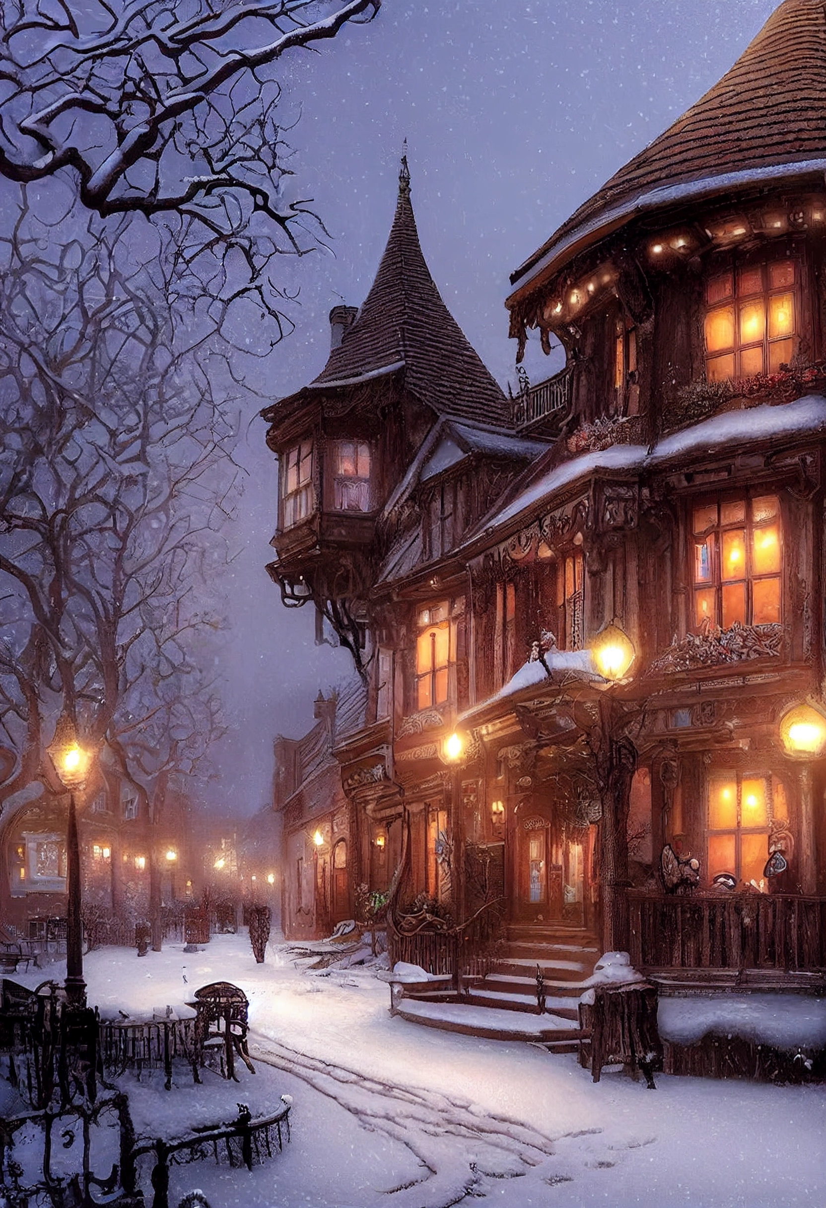 Victorian Tavern in Snowy English Town - Detailed Fantasy Art