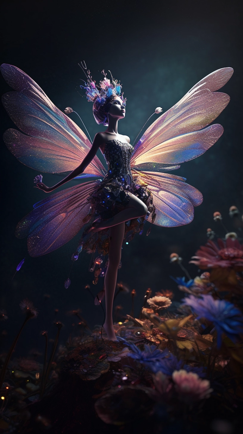 Fairy Woman with Iridescent Wings in Giant Flower Garden
