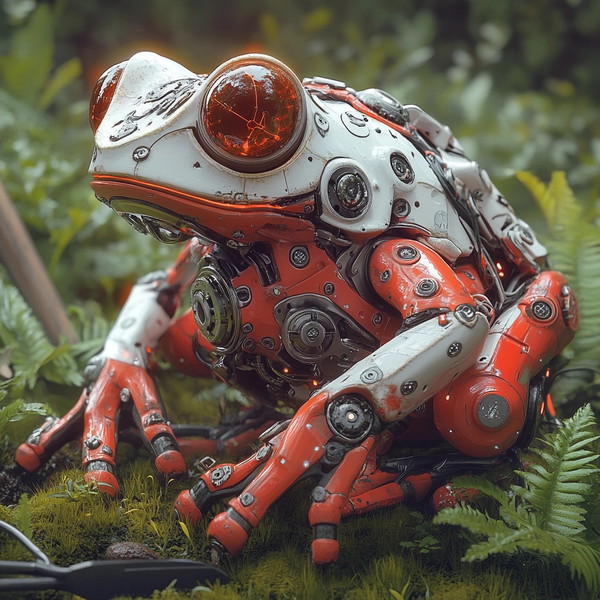 Futuristic Robotic Frog in a High-Tech Garden