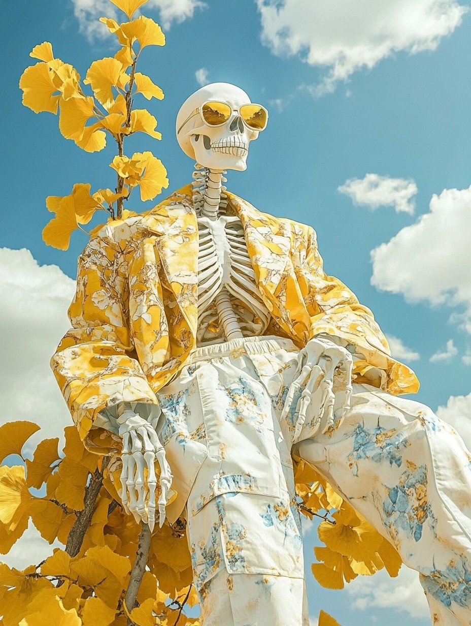 Surreal Fashion: Skeleton Under Golden Ginkgo Tree