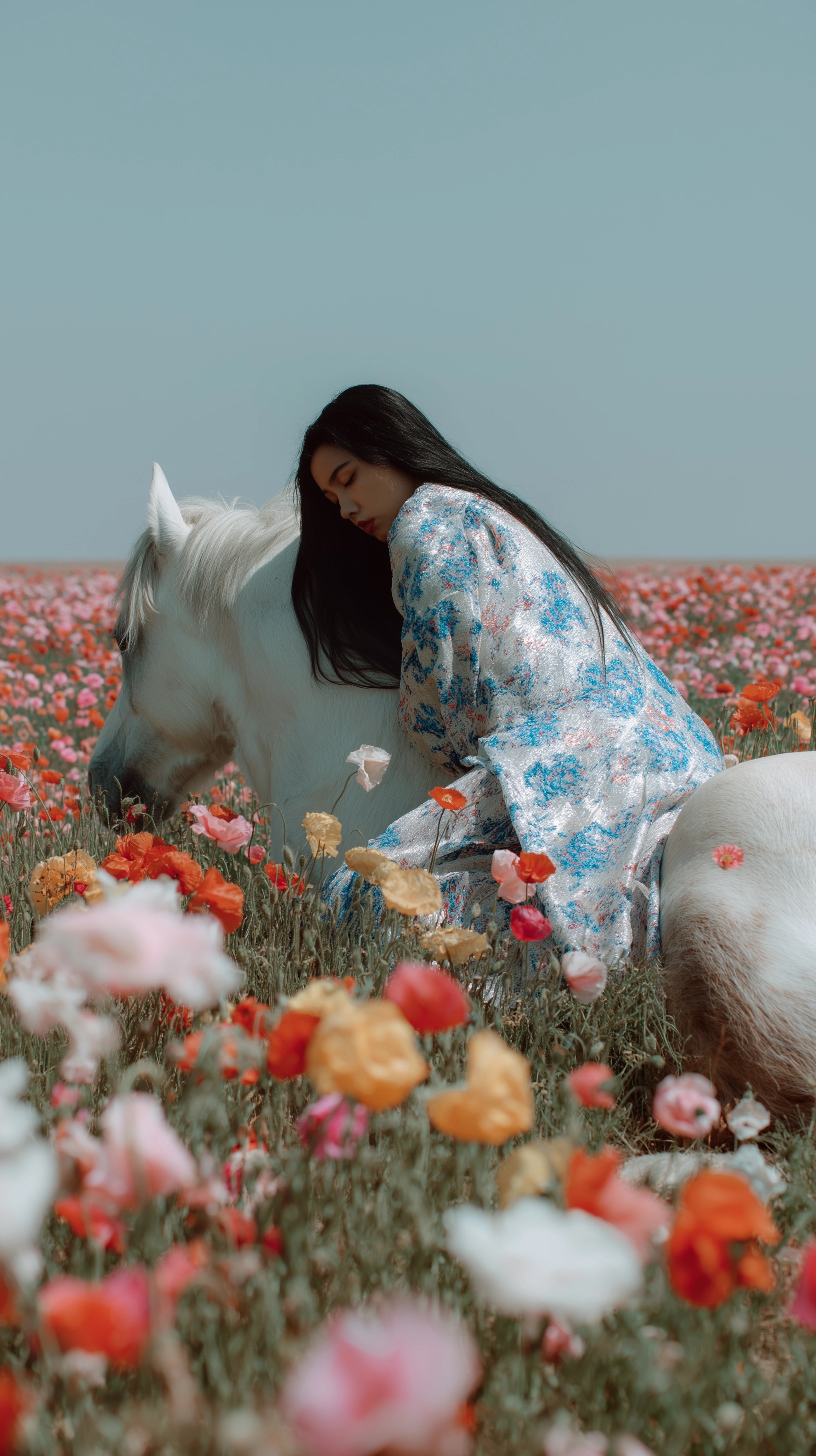 Dreamy Woman and Horse in a Poppy Field