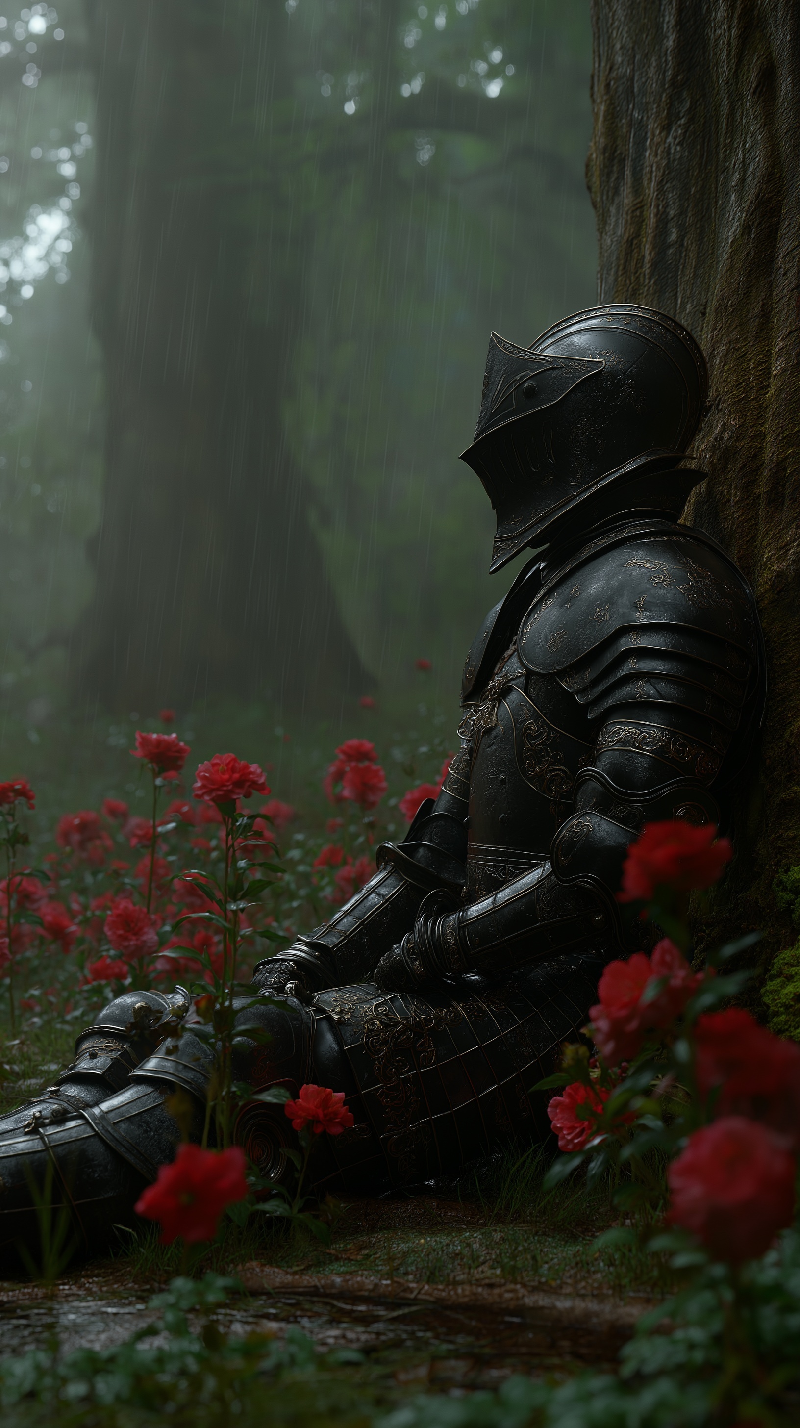 Epic Medieval Knight in Rainy Forest Setting