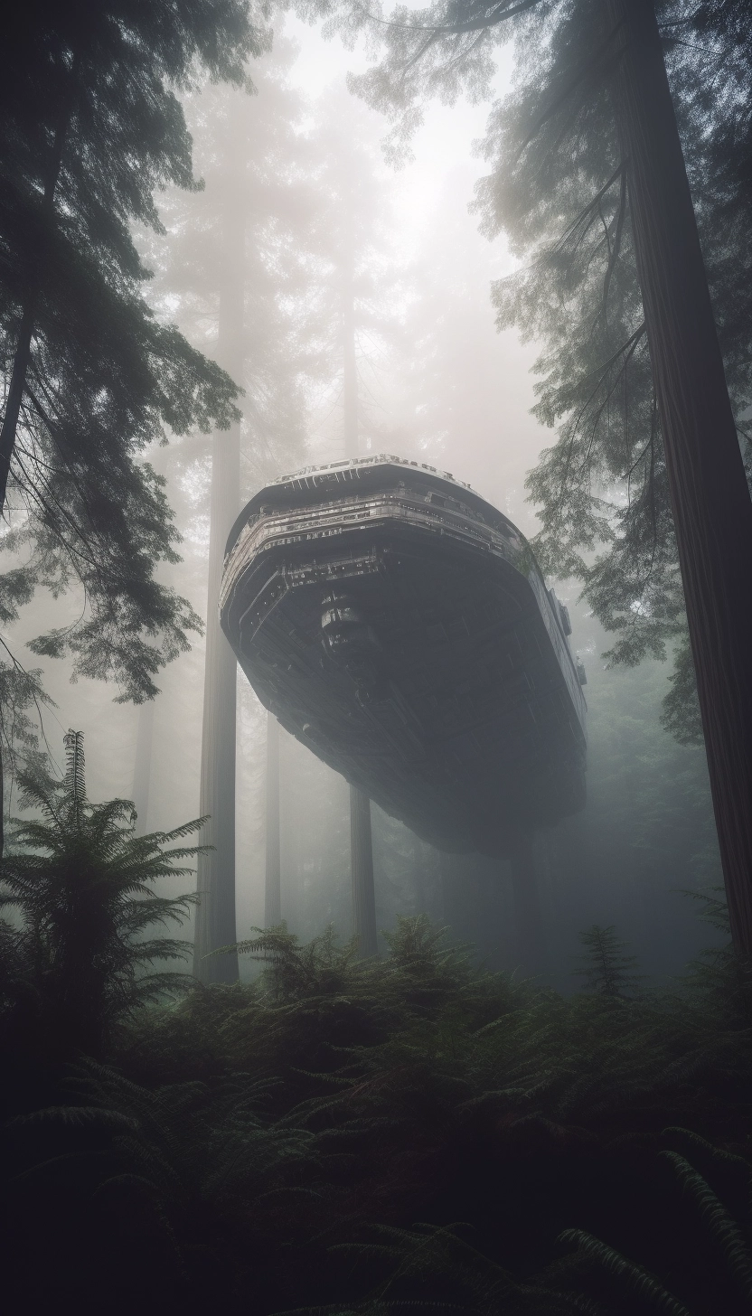 Enormous Sci-Fi Spaceship in Misty Redwood Forest