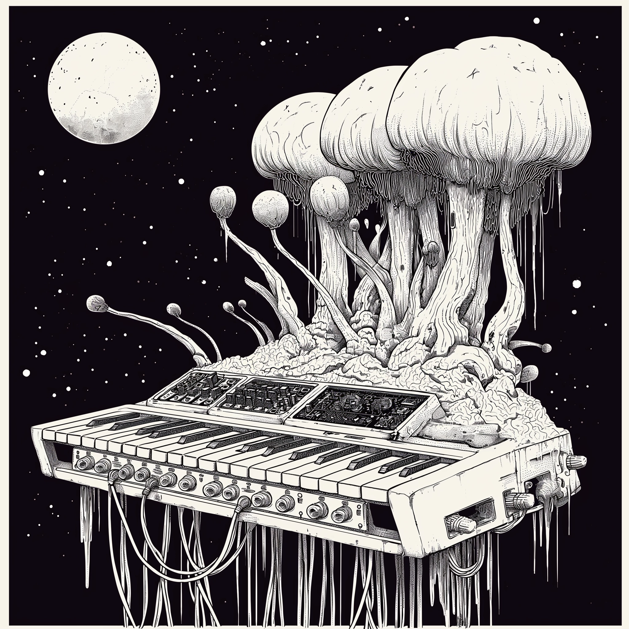 Fungal Synthesizers: Otherworldly Planet's Moebius Minimal 80s Sci-Fi Style