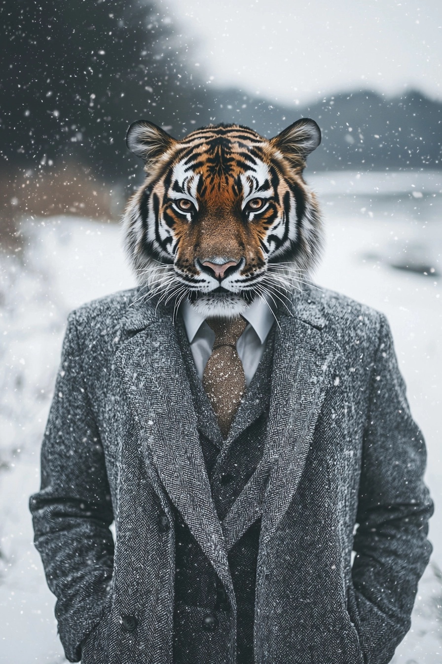 Tiger in a Suit: Snowy Landscape Portrait