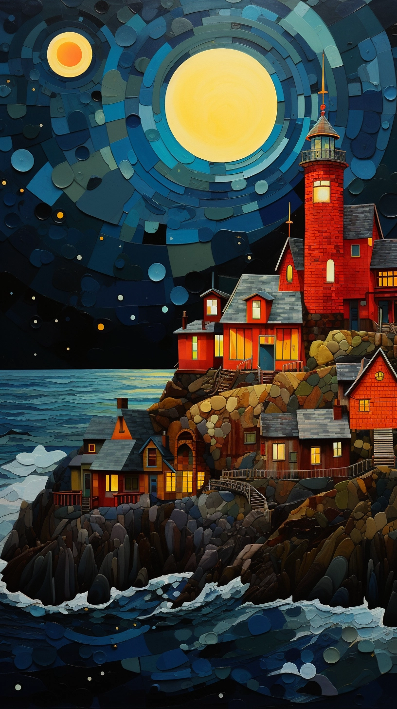 Pop Art Coastal Village: Surreal Waves & Abstract Nebula