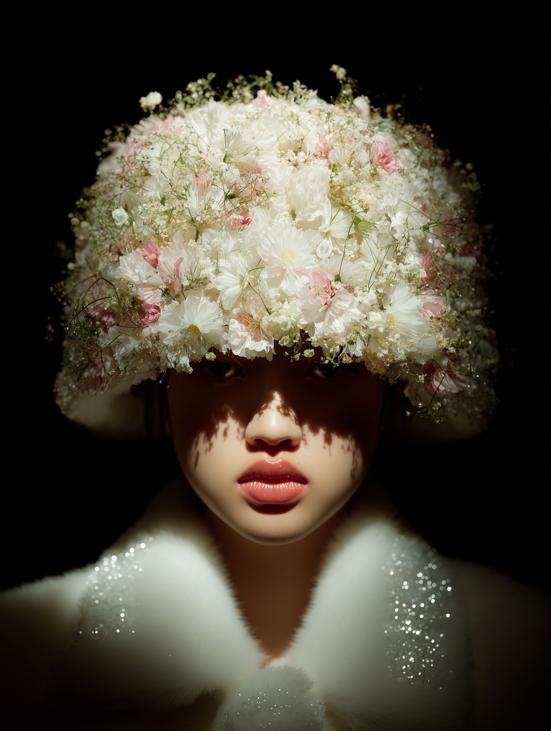 Vibrant Portrait: Glamorous Fur and Floral Elegance