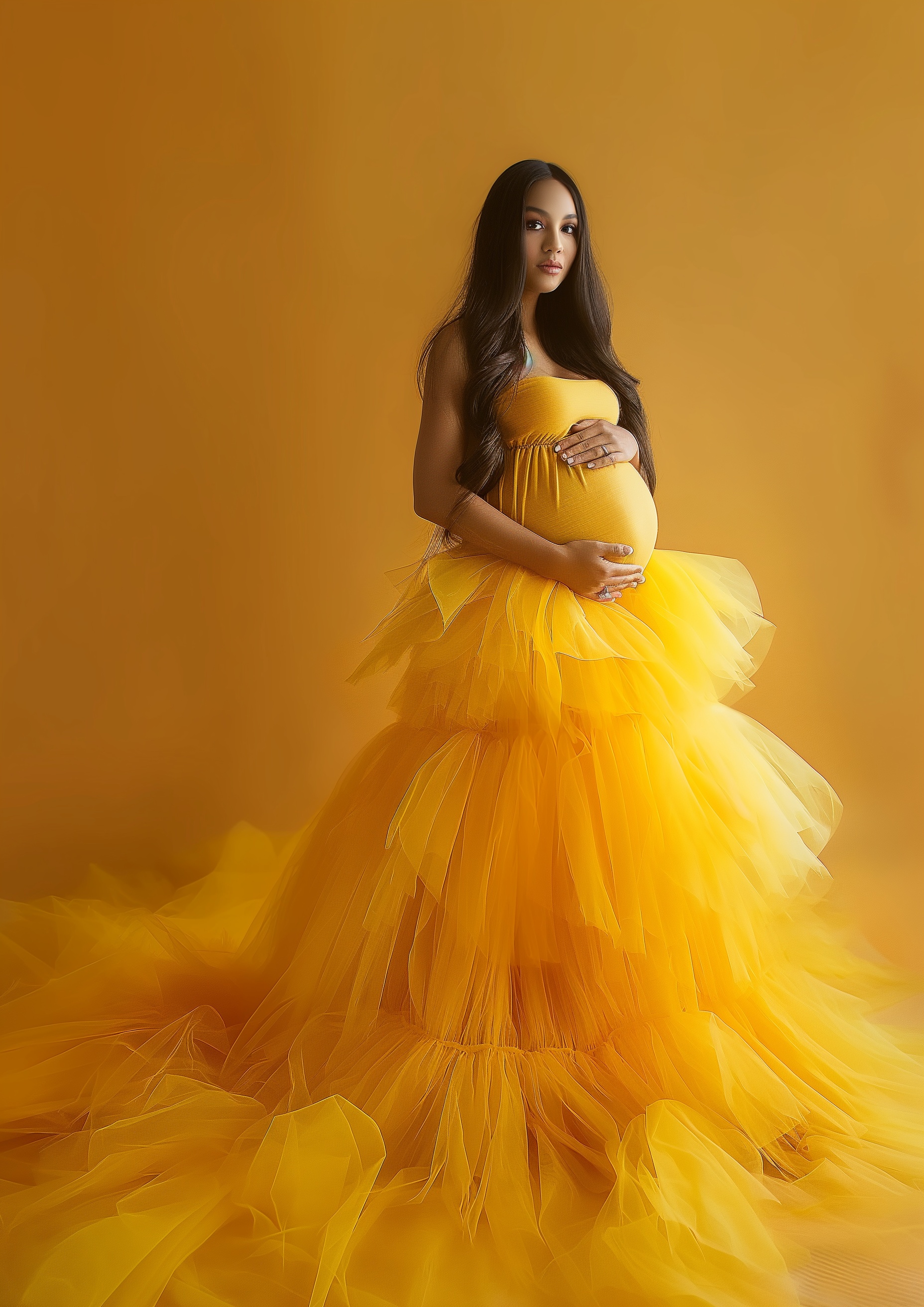 Stunning Maternity Photoshoot In Yellow Tulle Dress • PromptDen