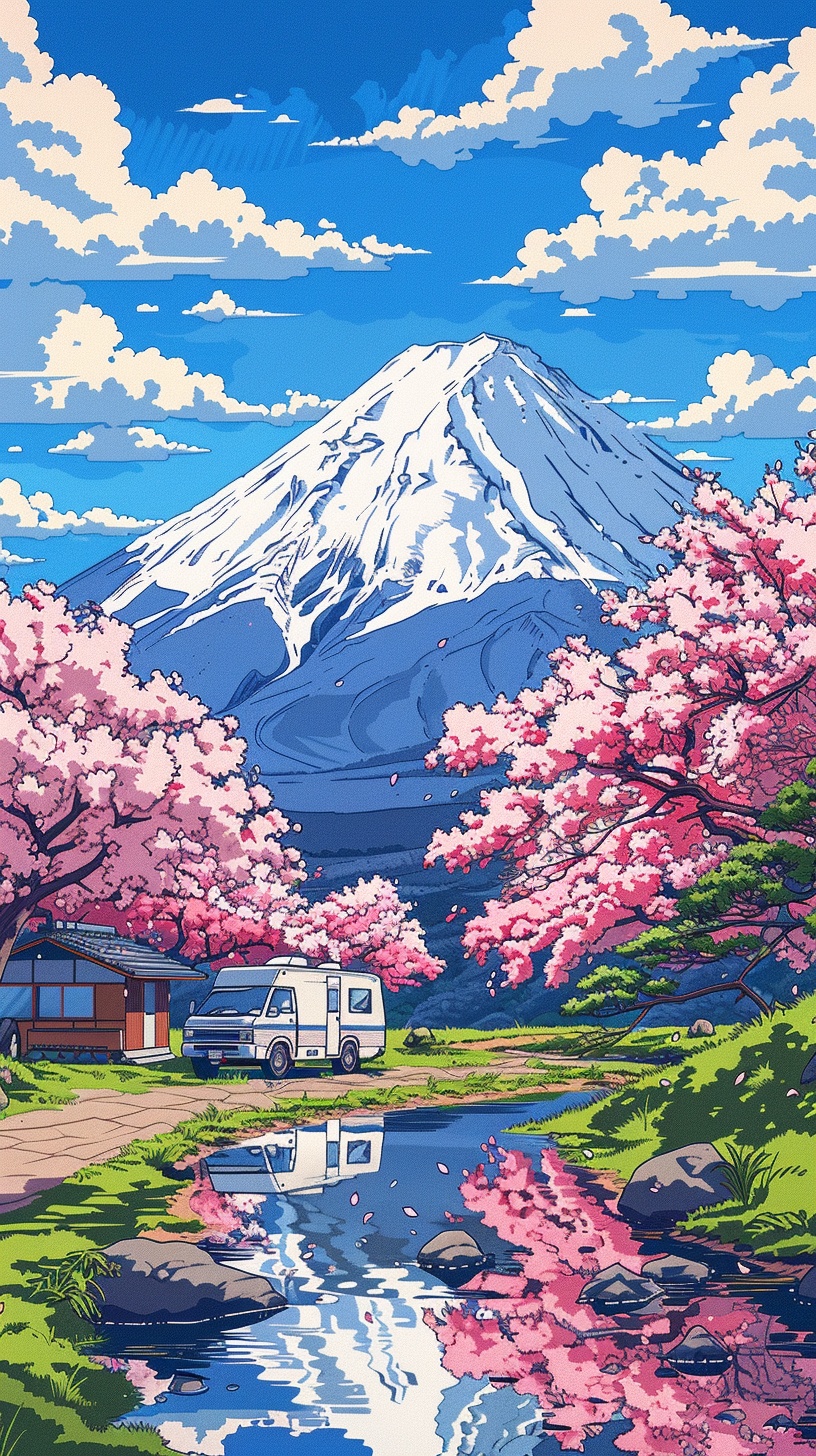 Vintage Japanese Anime Style RV Illustration at Mount Fuji