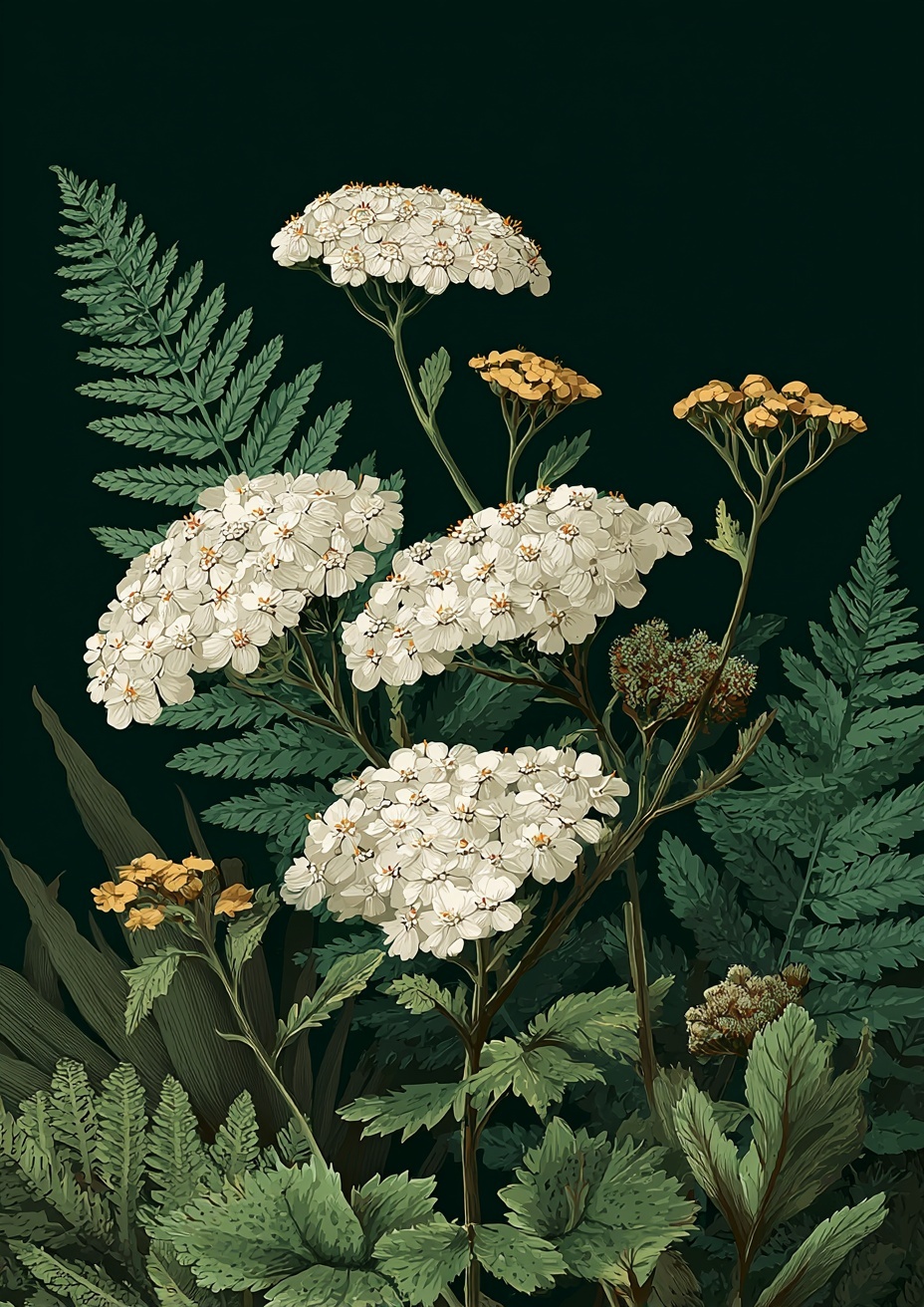 Charming Vintage Yarrow Illustration on Dark Green
