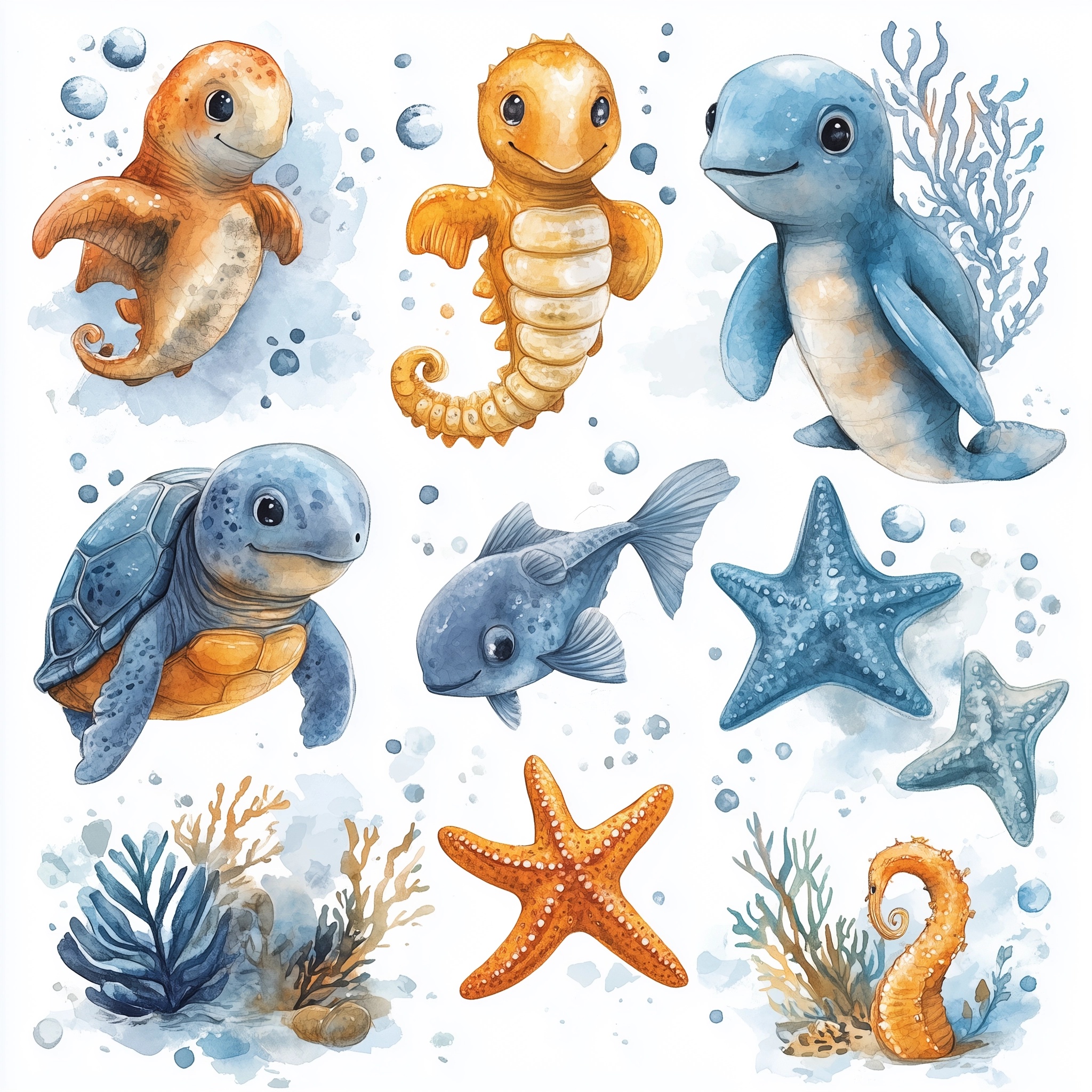 Whimsical Watercolor Ocean Animal Clipart