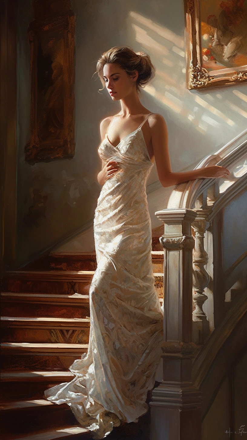 Stunning Impasto Art: White Gown on Marble Stairs