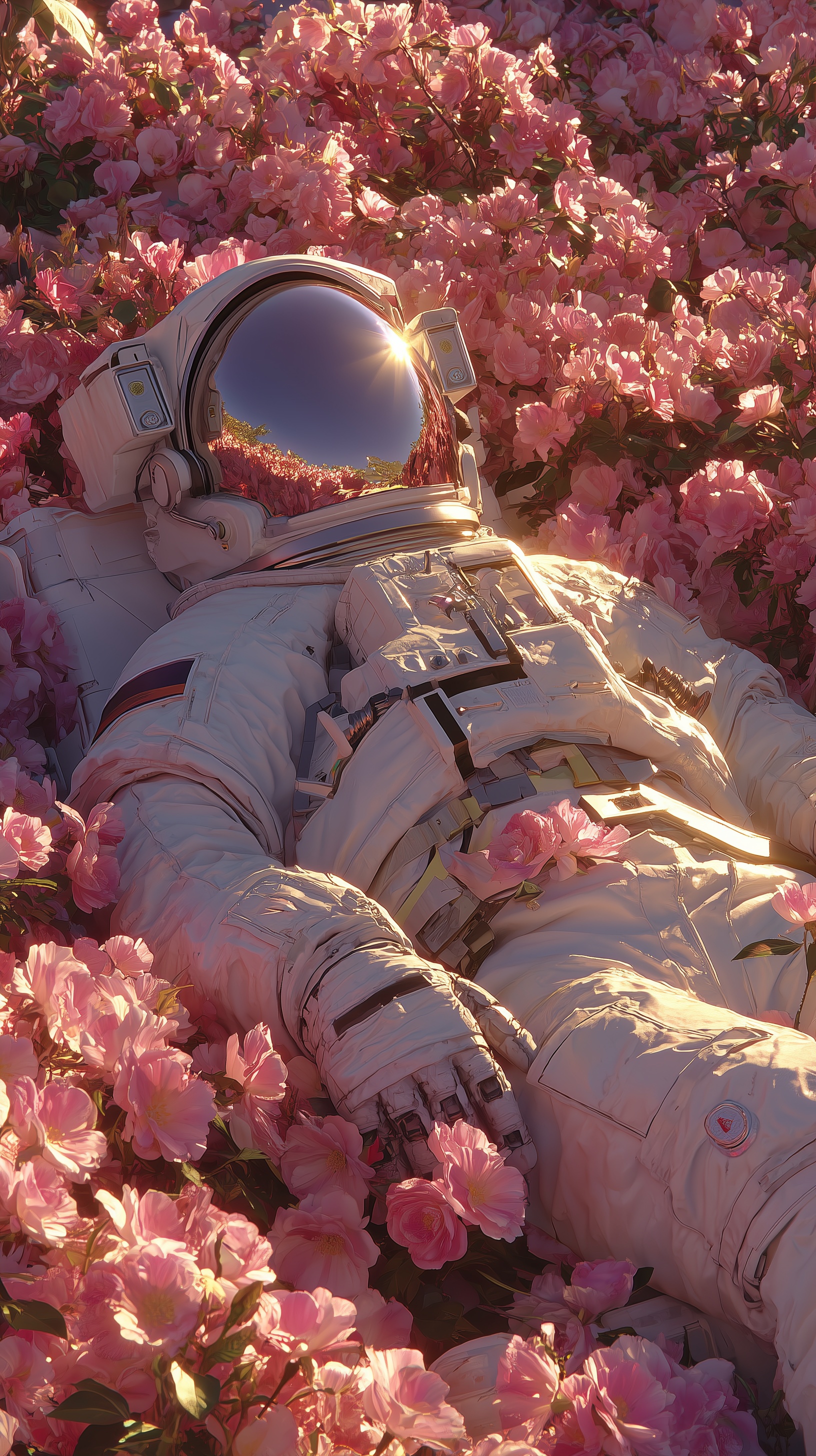 Serene Astronaut Amid Blooming Pink Roses