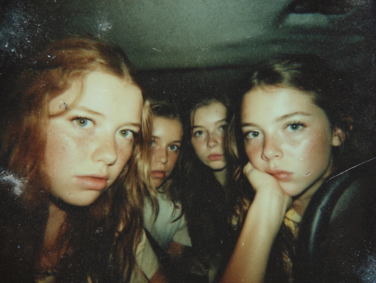 Vintage Car Selfie: Friends in Flash Photo Moment