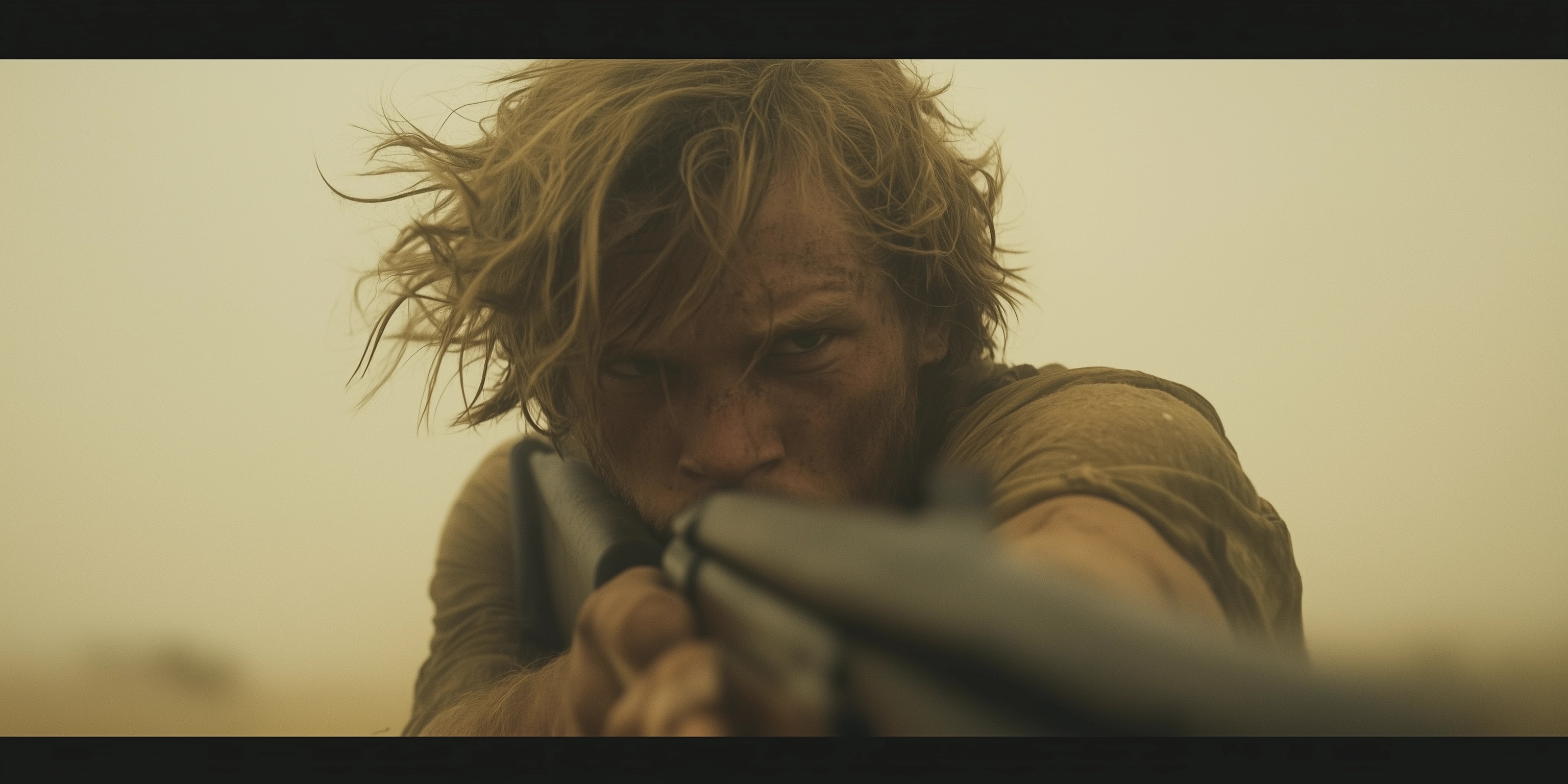 Intense Stare: Wild Man with Rifle in Dust Storm