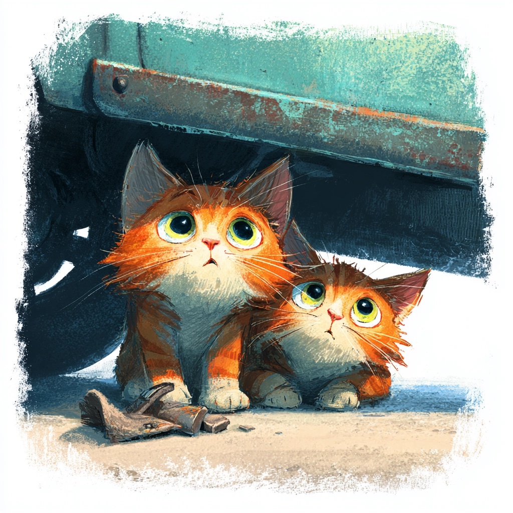 Charming Hand-Painted Kittens Under a Car