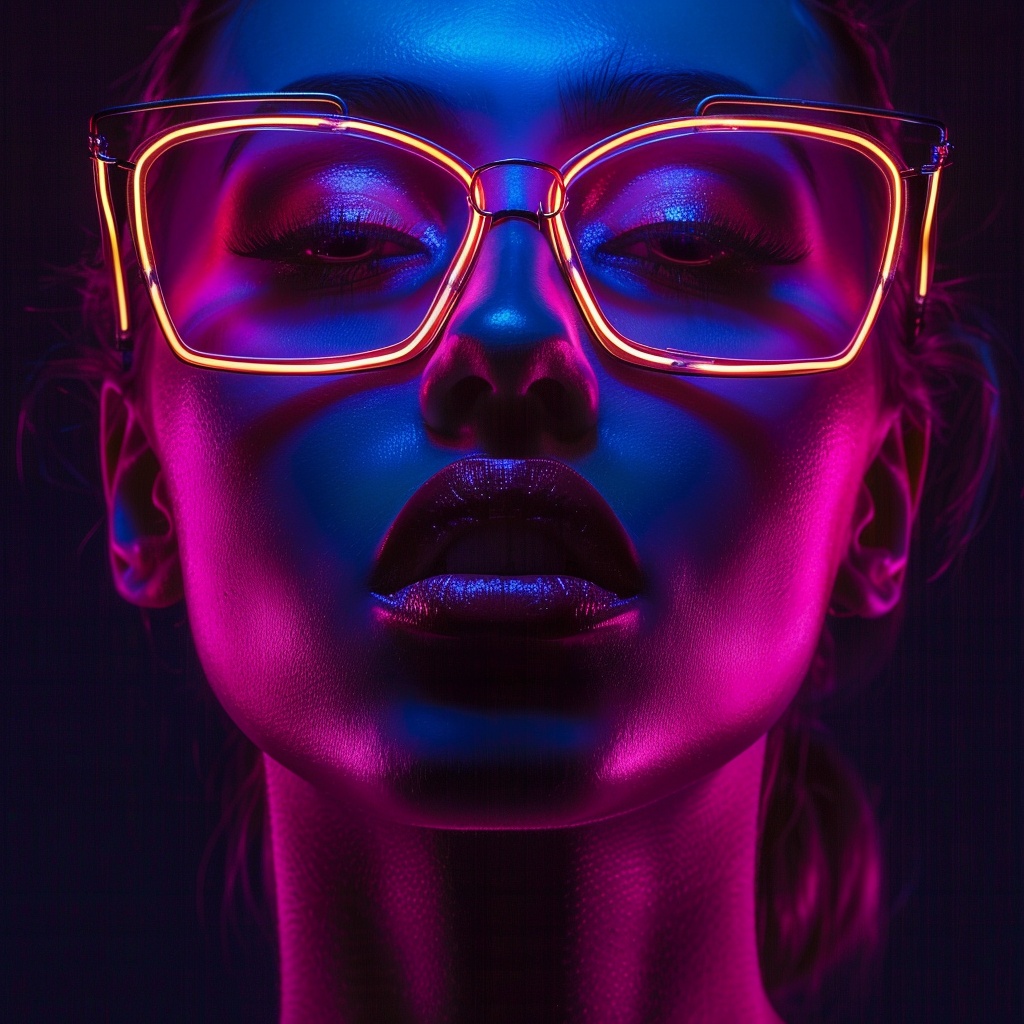 Neon Portrait: Young Woman in Purple & Blue Glasses