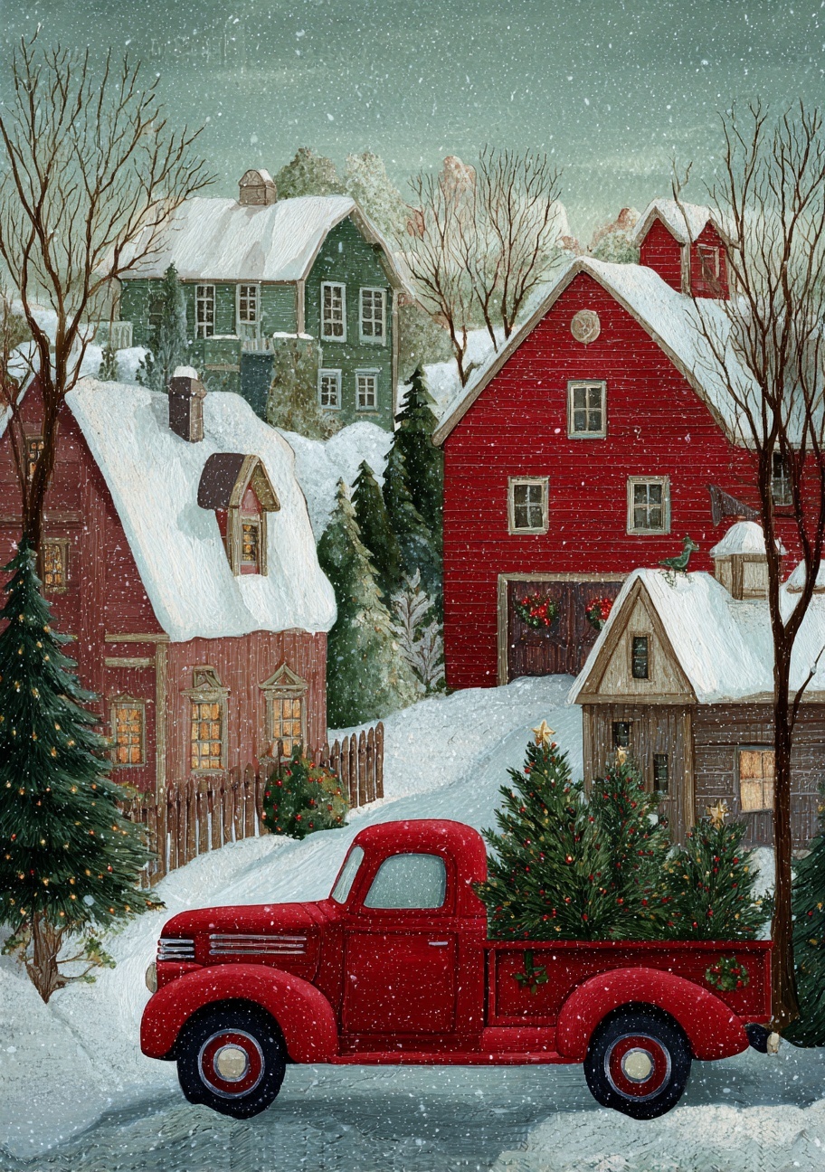 Festive Farm Scene with Red Truck & Snowy Barns