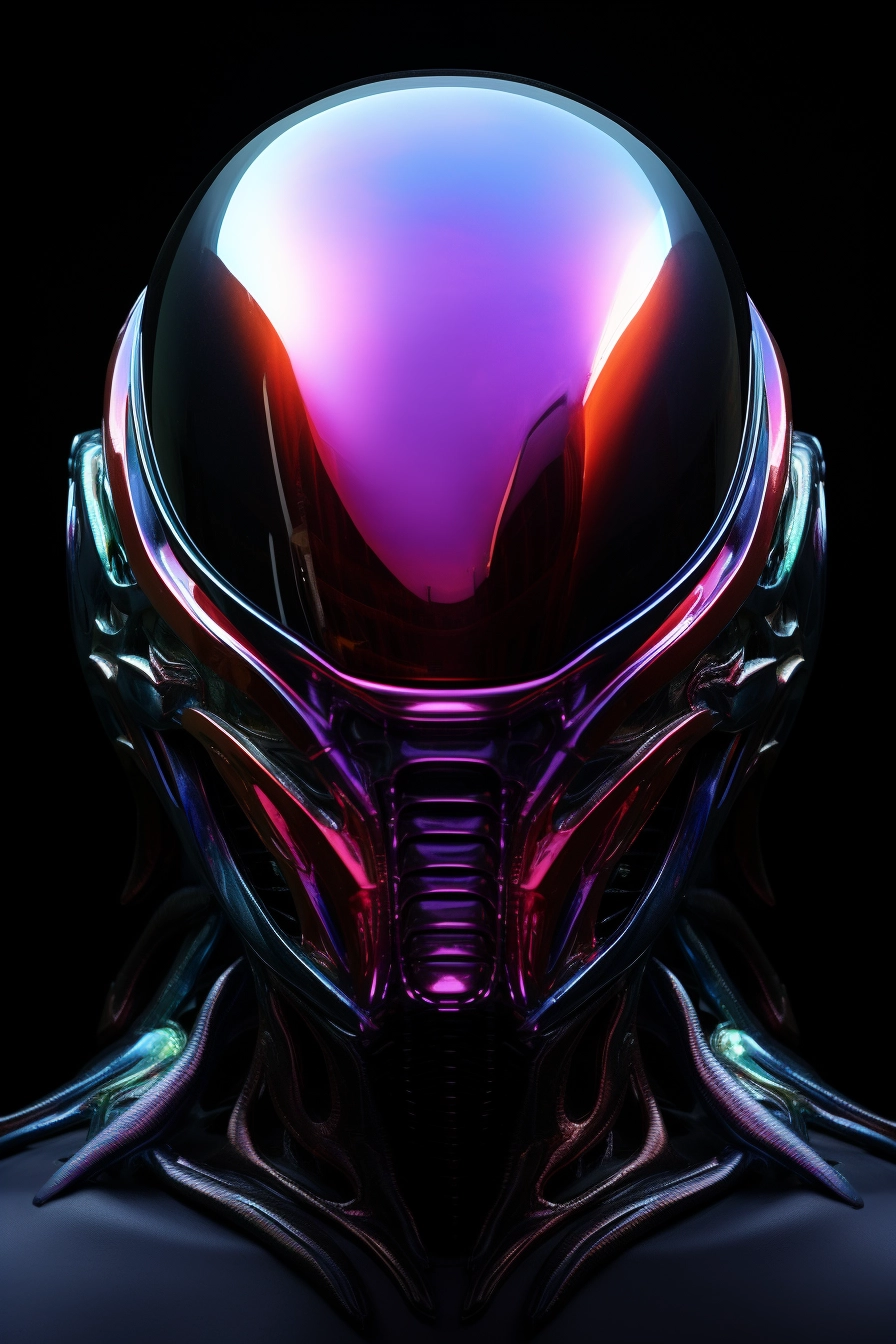 Ethereal Alien Helmet: Iridescent Reflection on Dark Background