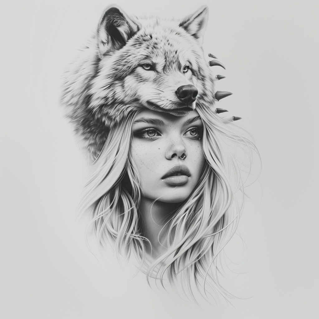 Portrait of Beautiful Blonde Woman with Wolf Tattoo on White Background