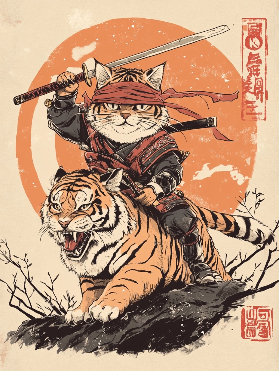 Samurai Cat Rides Tiger: Epic Adventure Awaits!