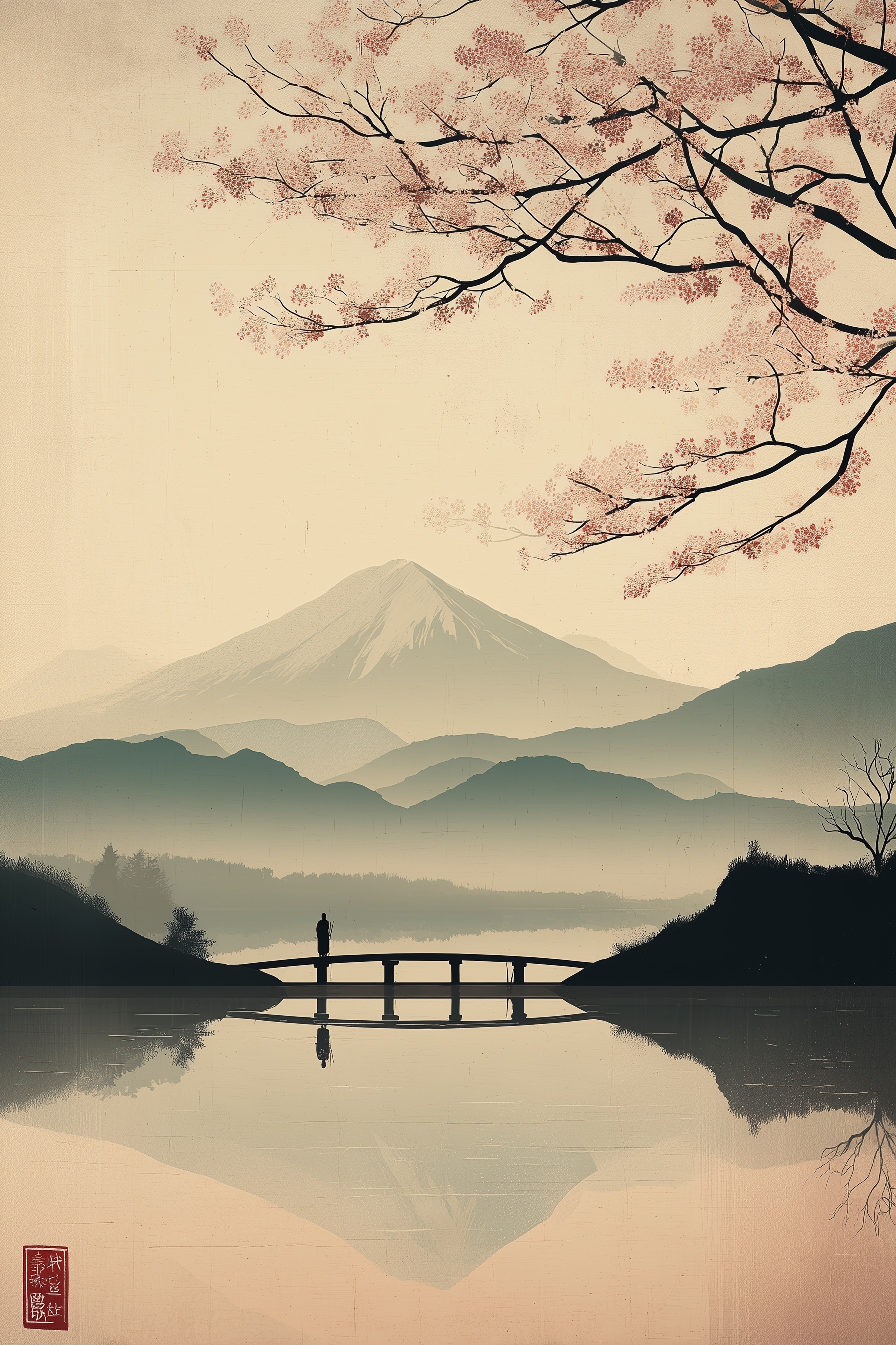 Dreamy Japandi Landscape with Mount Fuji and Samurai
