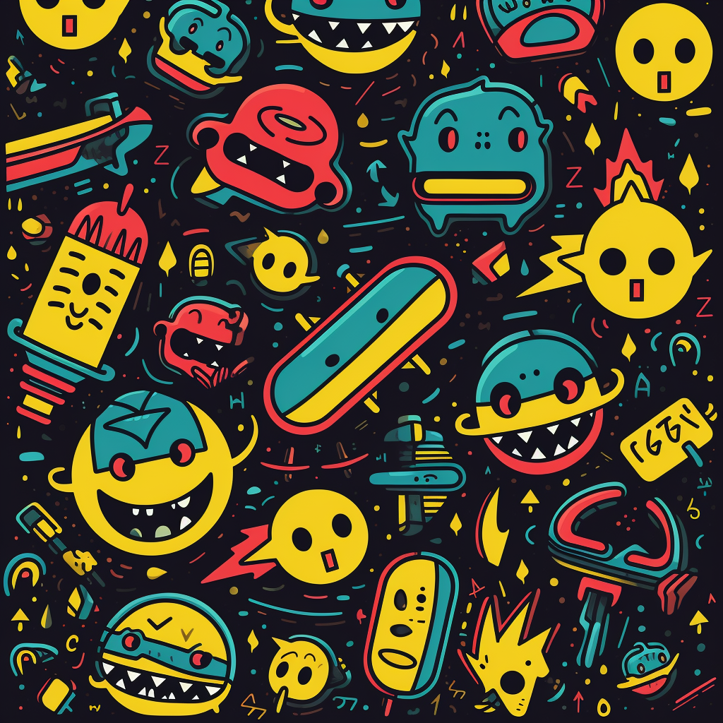 Retro Style Pattern: Smiley Faces, Lightening Bolts, Skateboards