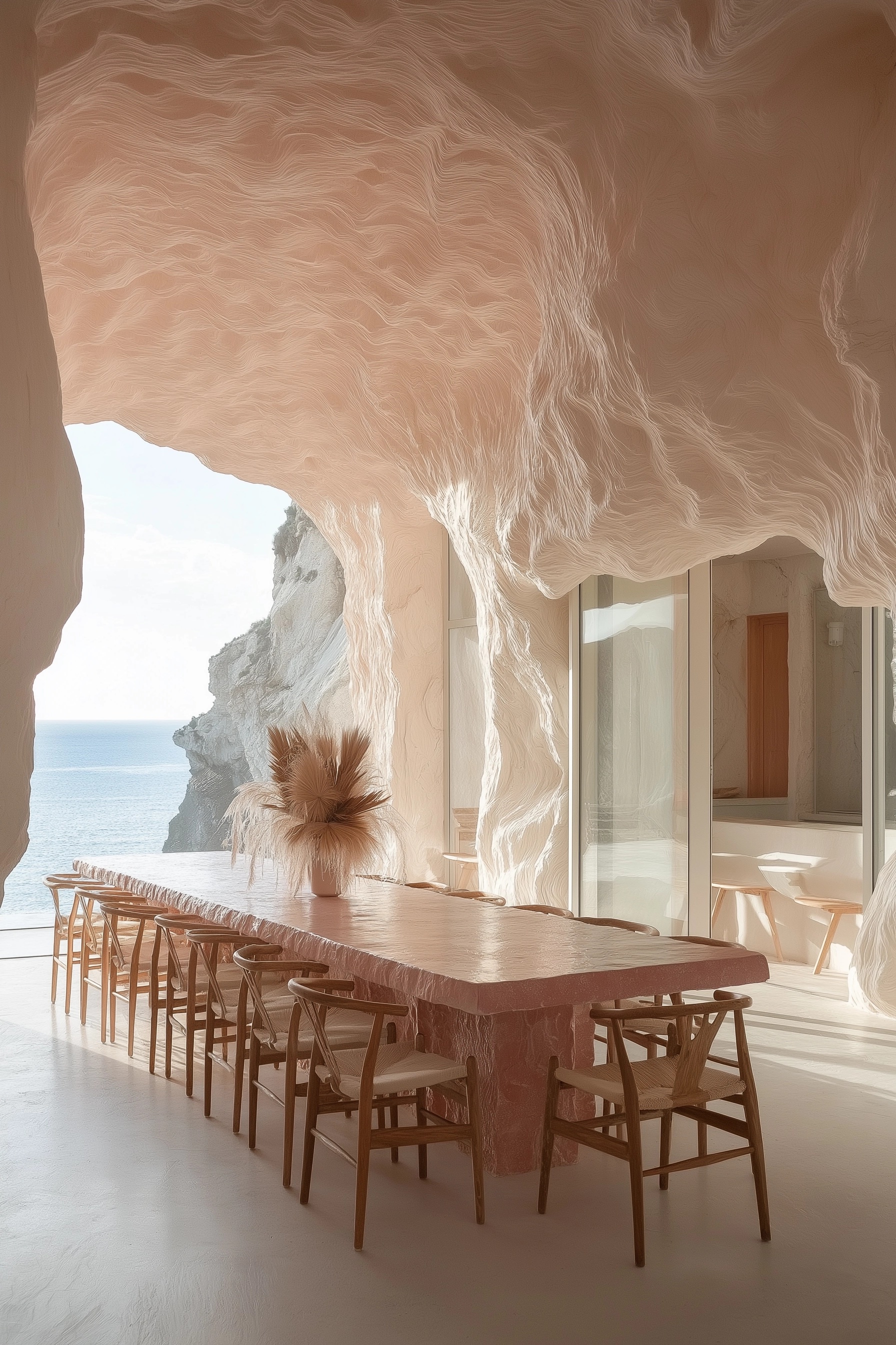 Elegant Dining Room: Pink Stone & Wooden Charm