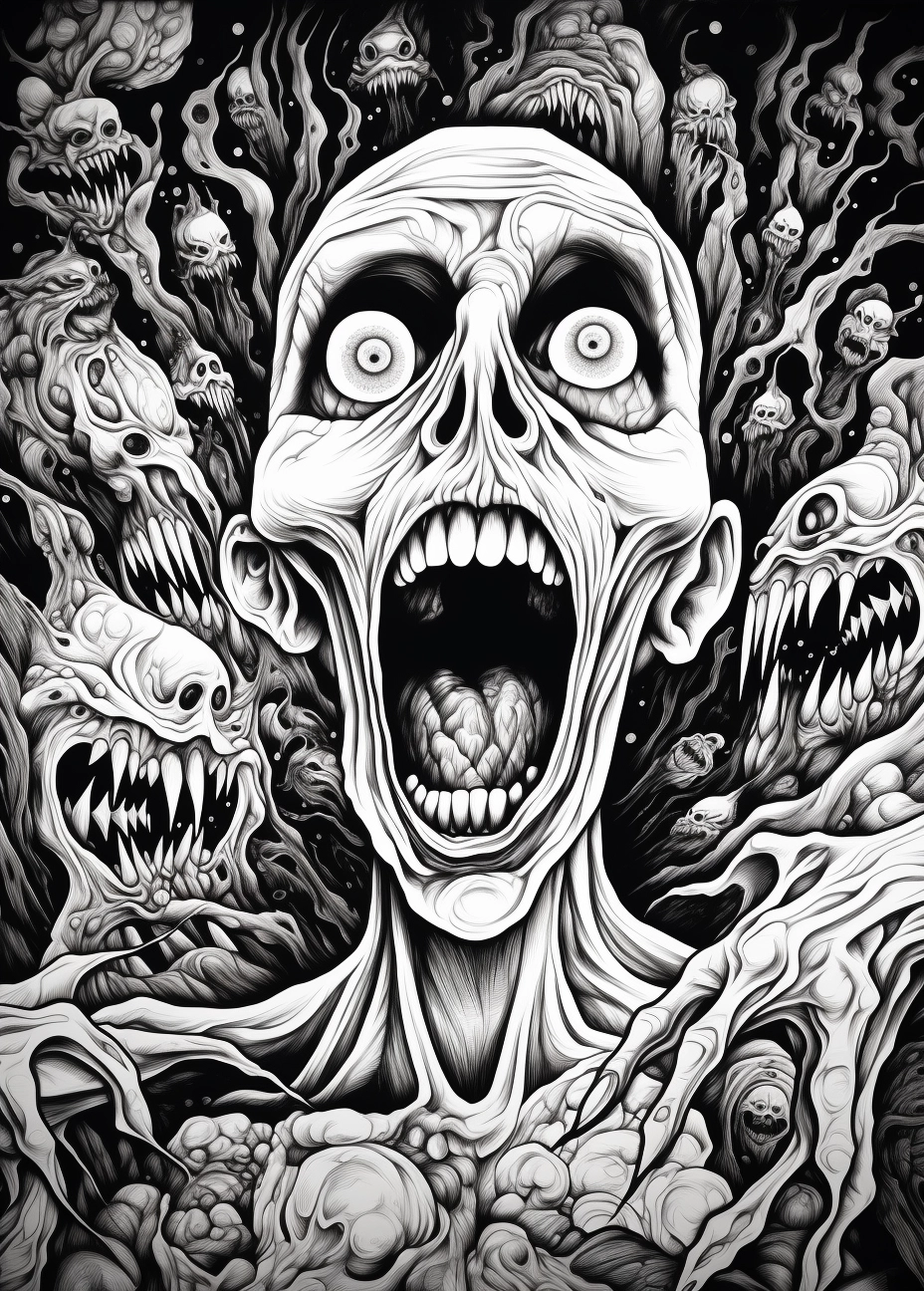 Screaming Gandhi in Terrifying Mandala - Psychedelic Black and White Drawing