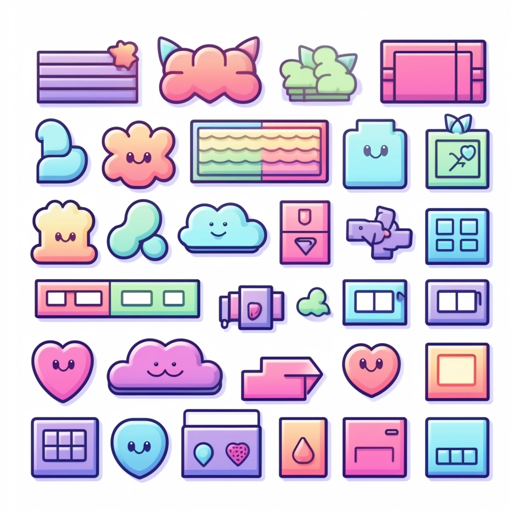 Stylish Hand-Drawn UI Elements: Rainbow Gradients in Kawaii Style