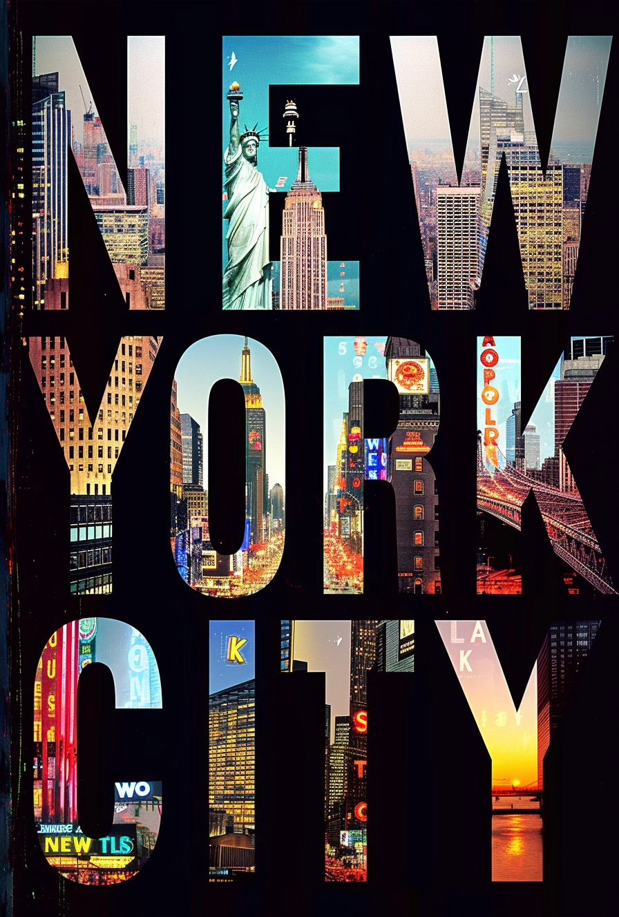 Captivating New York City Collage: Landmarks in Dynamic Lettering