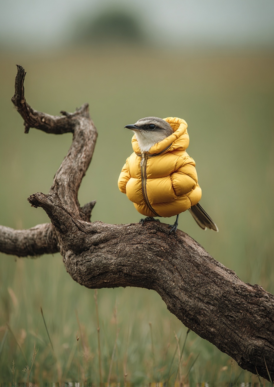 Bird in Inflatable Jacket on Tree Branch