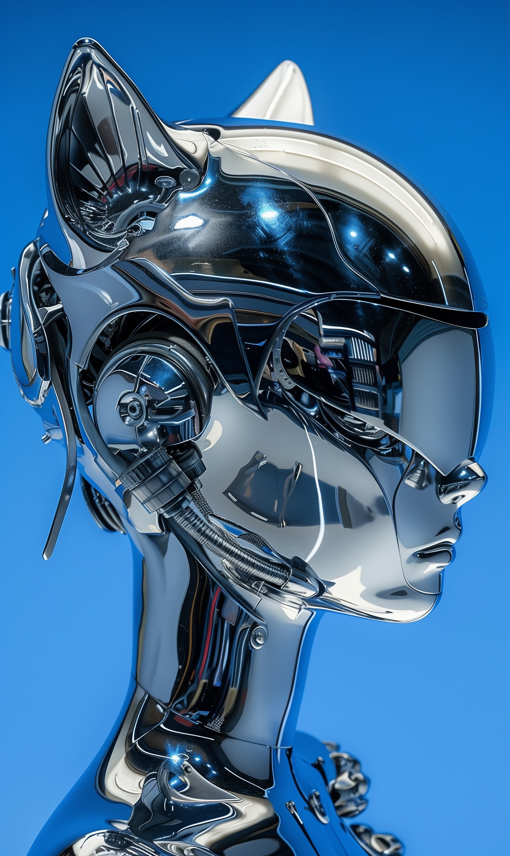 Mechanical Cat Girl Helmet: Chrome Set on Blue Background