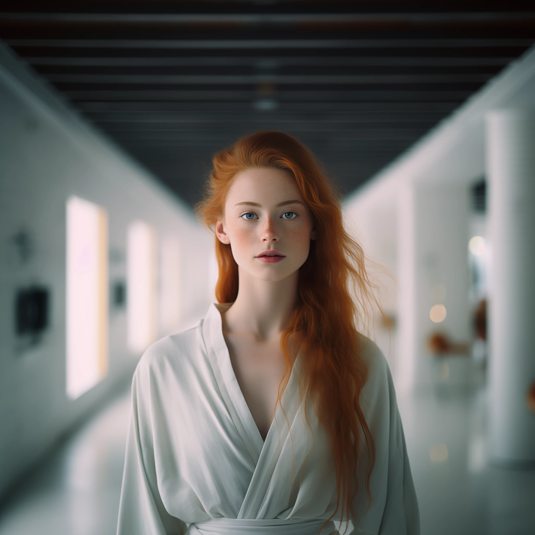 Freckled Beauty in White Kimono: Captivating Portrait Shot