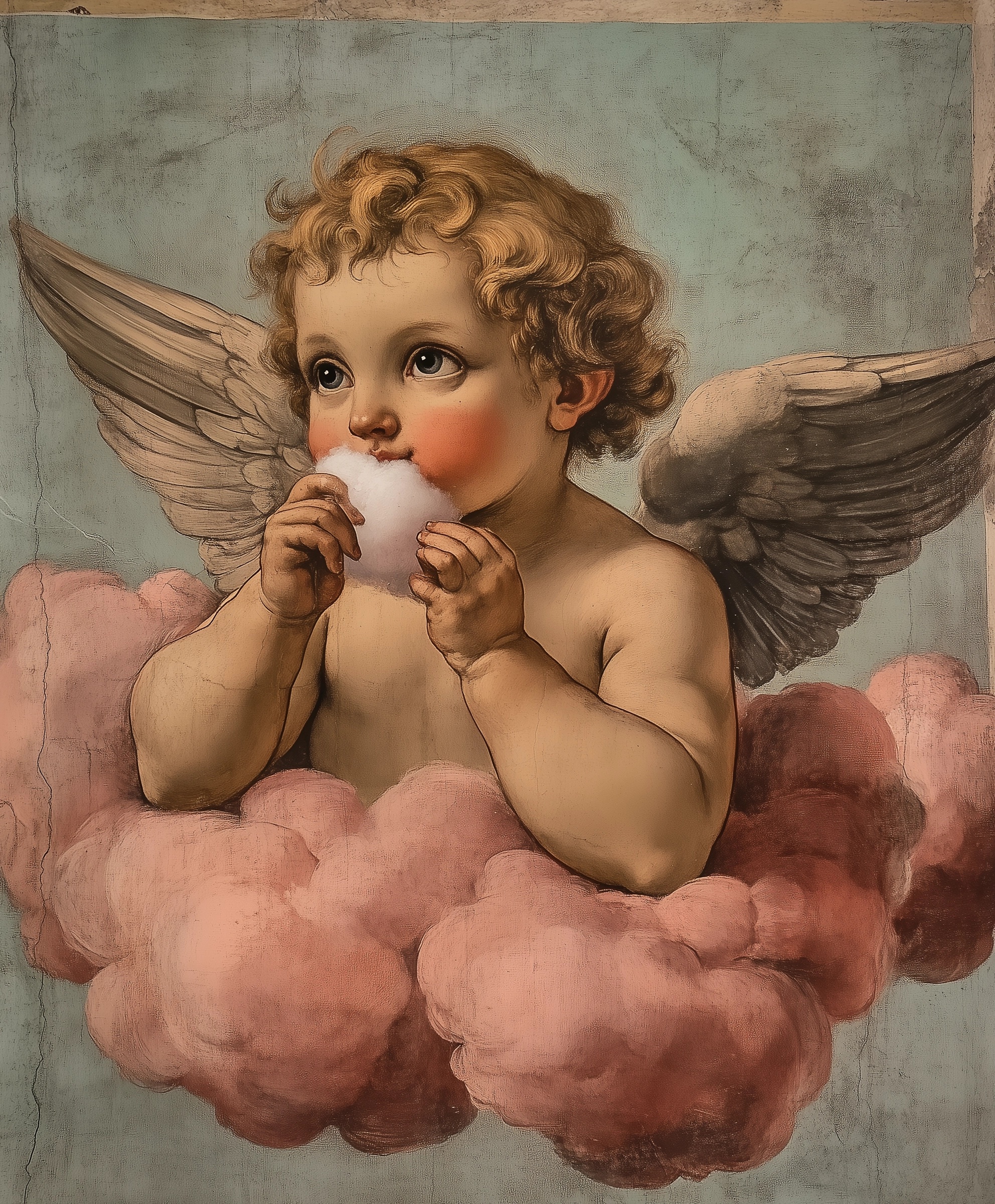 Whimsical Cherub in Clouds: A Unique Art Experience