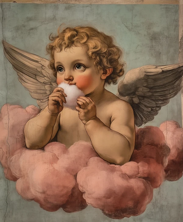 Whimsical Cherub in Clouds: A Unique Art Experience