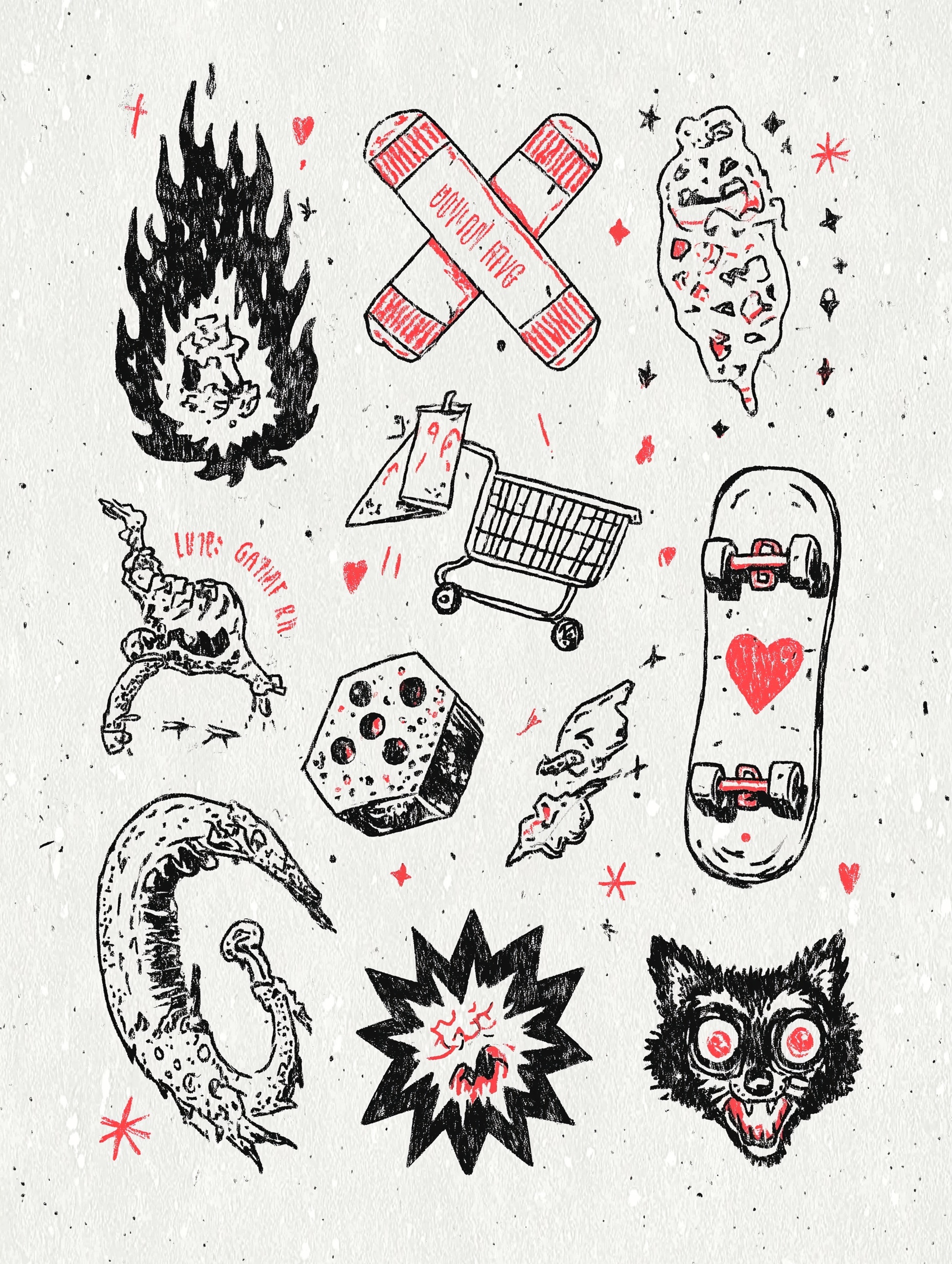 Edgy Black-and-Red Tattoo Flash Sheet Design