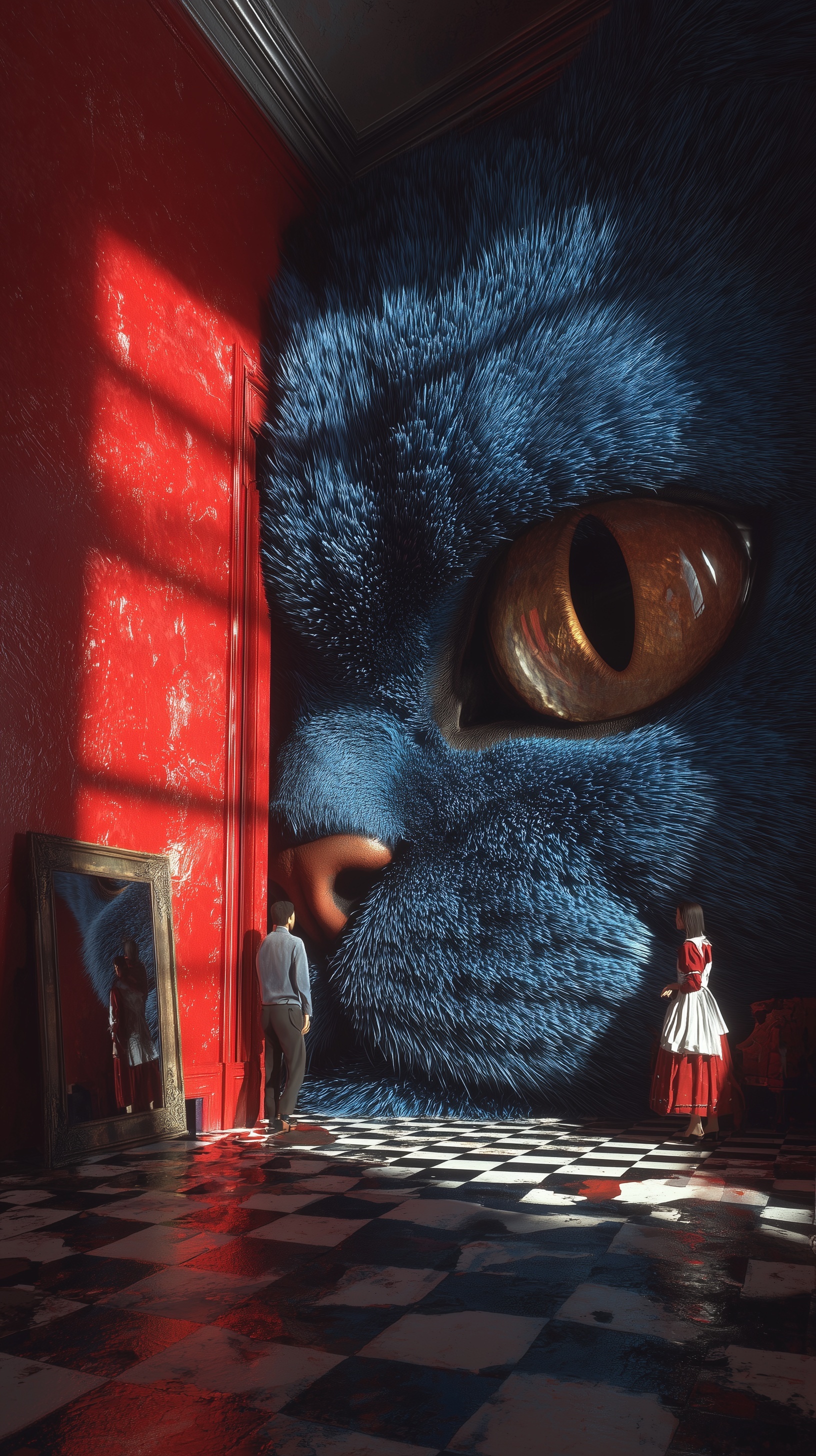 Surreal Giant Blue Cat: Dramatic Home Intrusion