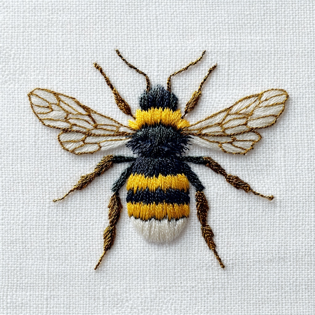 Charming Bee Embroidery on Crisp White Canvas