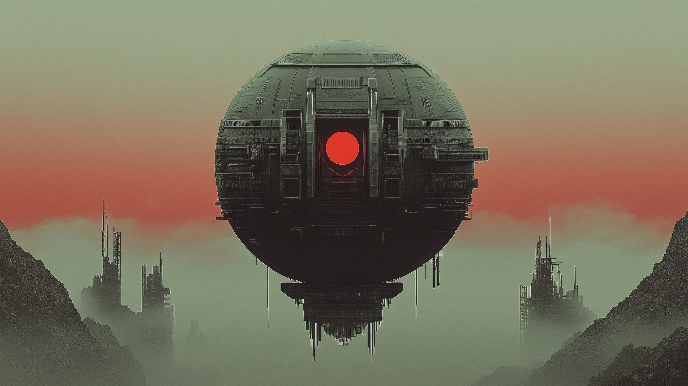 Surreal Cyberpunk Sphere Floating at Dusk