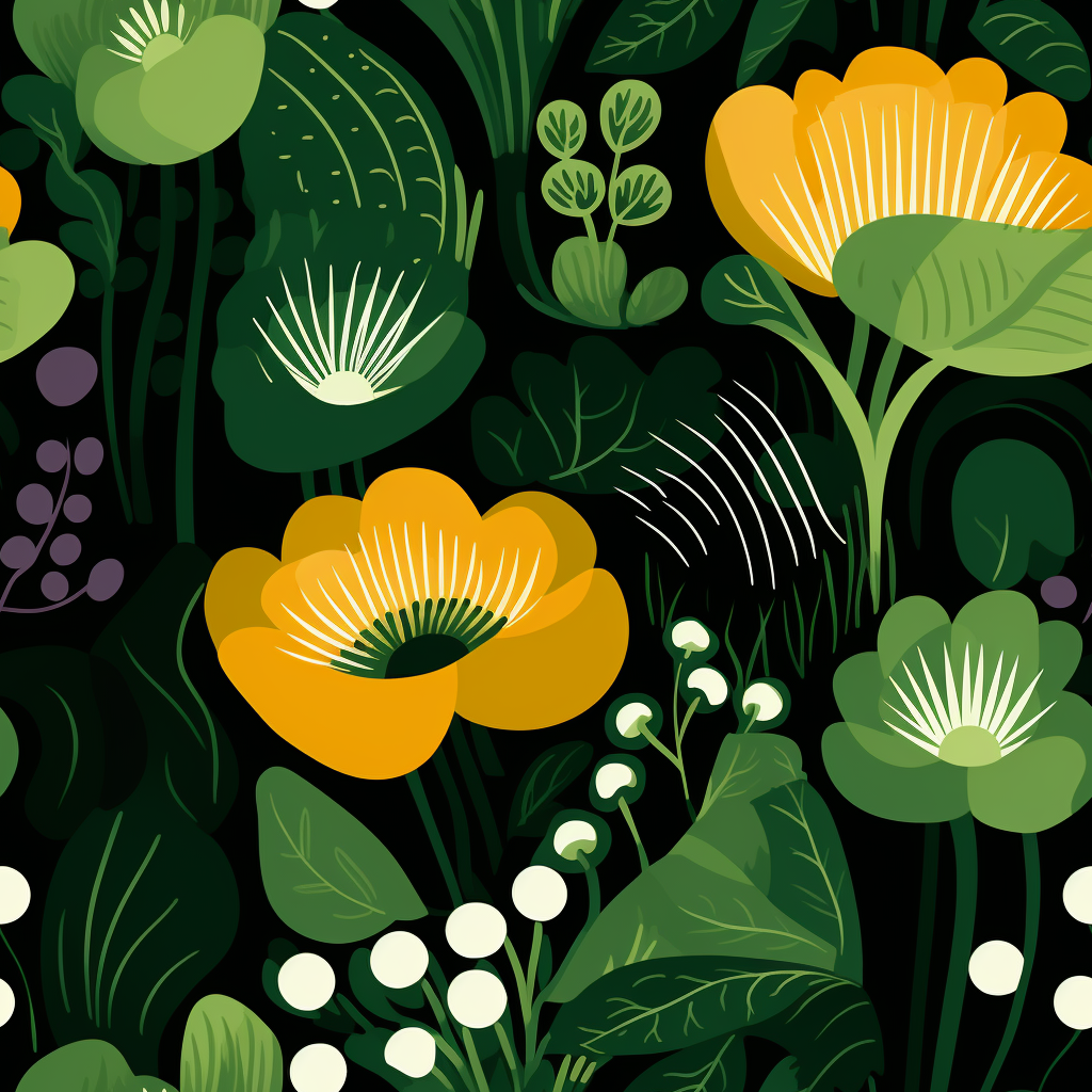 Modern Marimekko: Abstract Green Shapes with Floral Accents