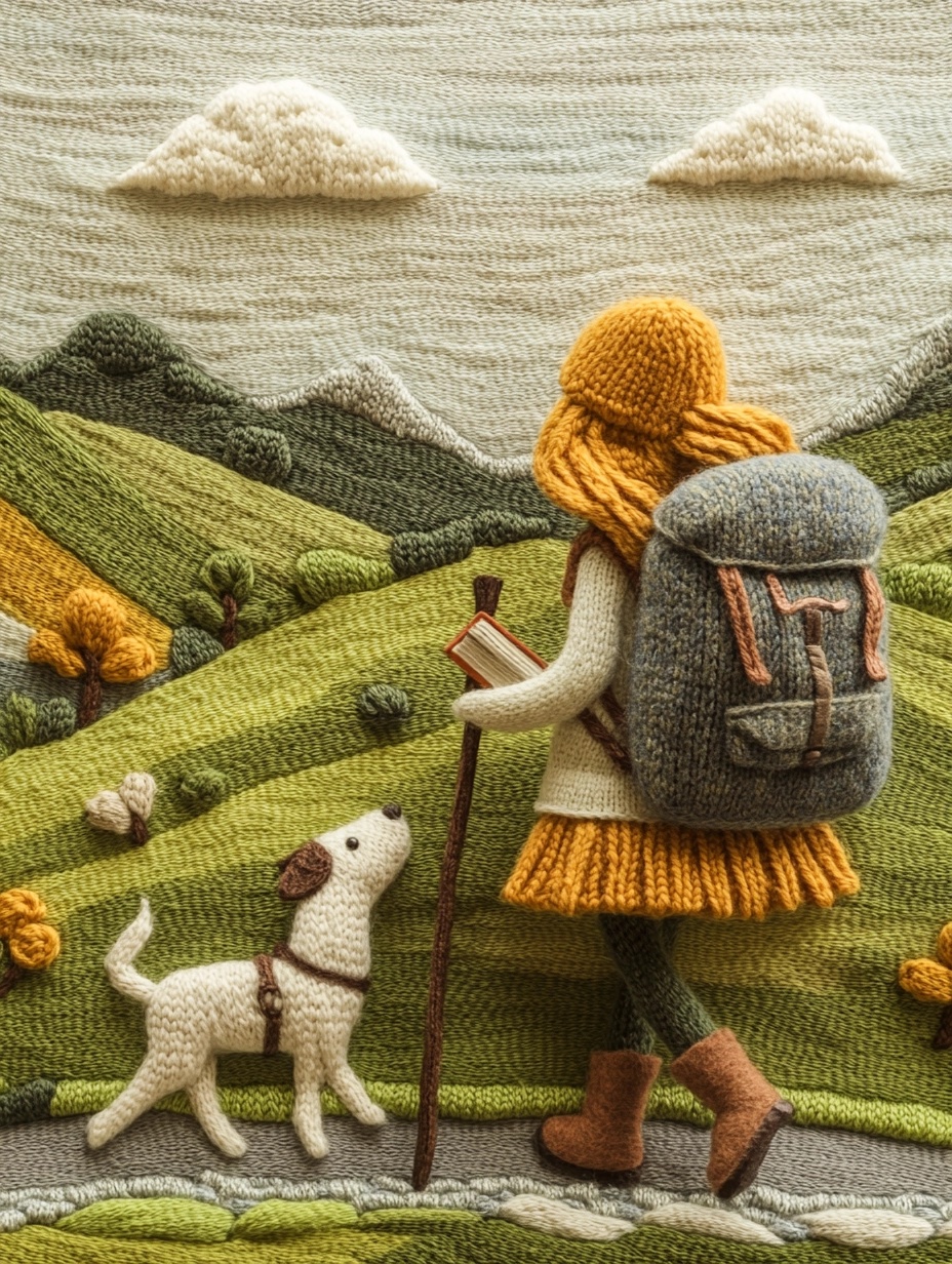 Whimsical Journey: Girl, Dog, and Knit Landscape