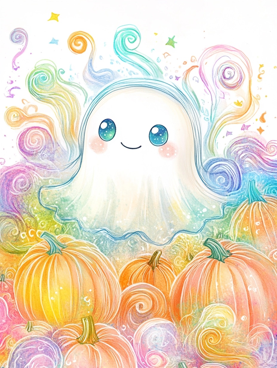 Playful Ghost in a Colorful Pumpkin Patch