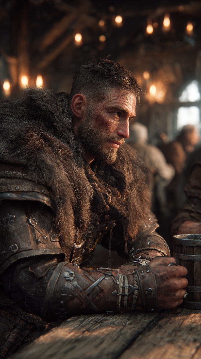 Nordic Sellsword in a Rustic Tavern Setting