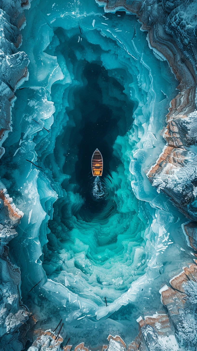 Tranquil Aerial View of Swirling Ice Lake